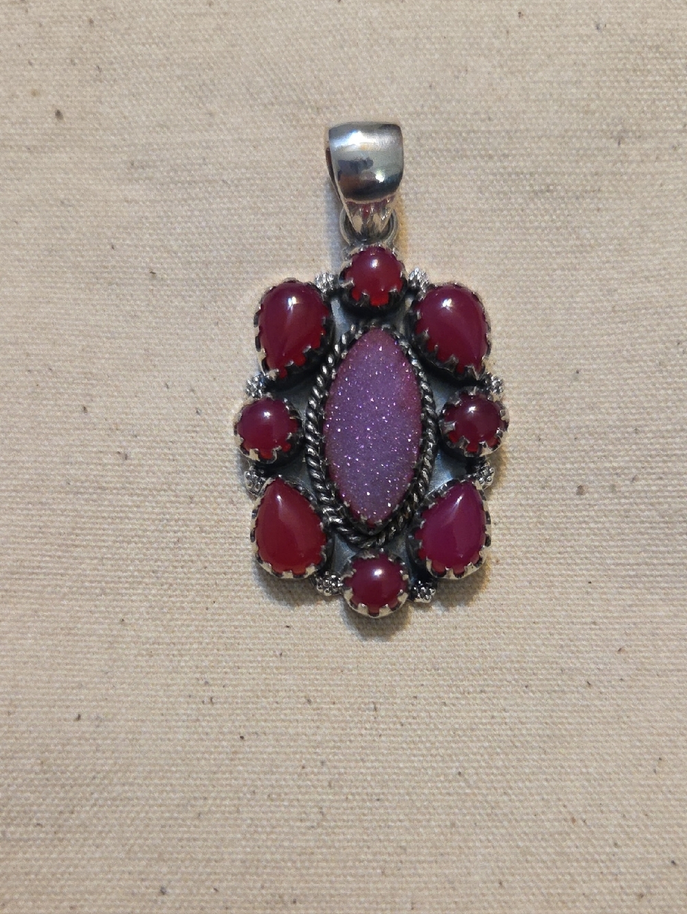 Sterling Silver Purple Druzy and Burgundy Stone Pendant